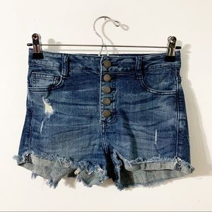 Refuge Button Fly Distressed Dark Wash High Waisted Jean Shorts Raw Hem Pockets